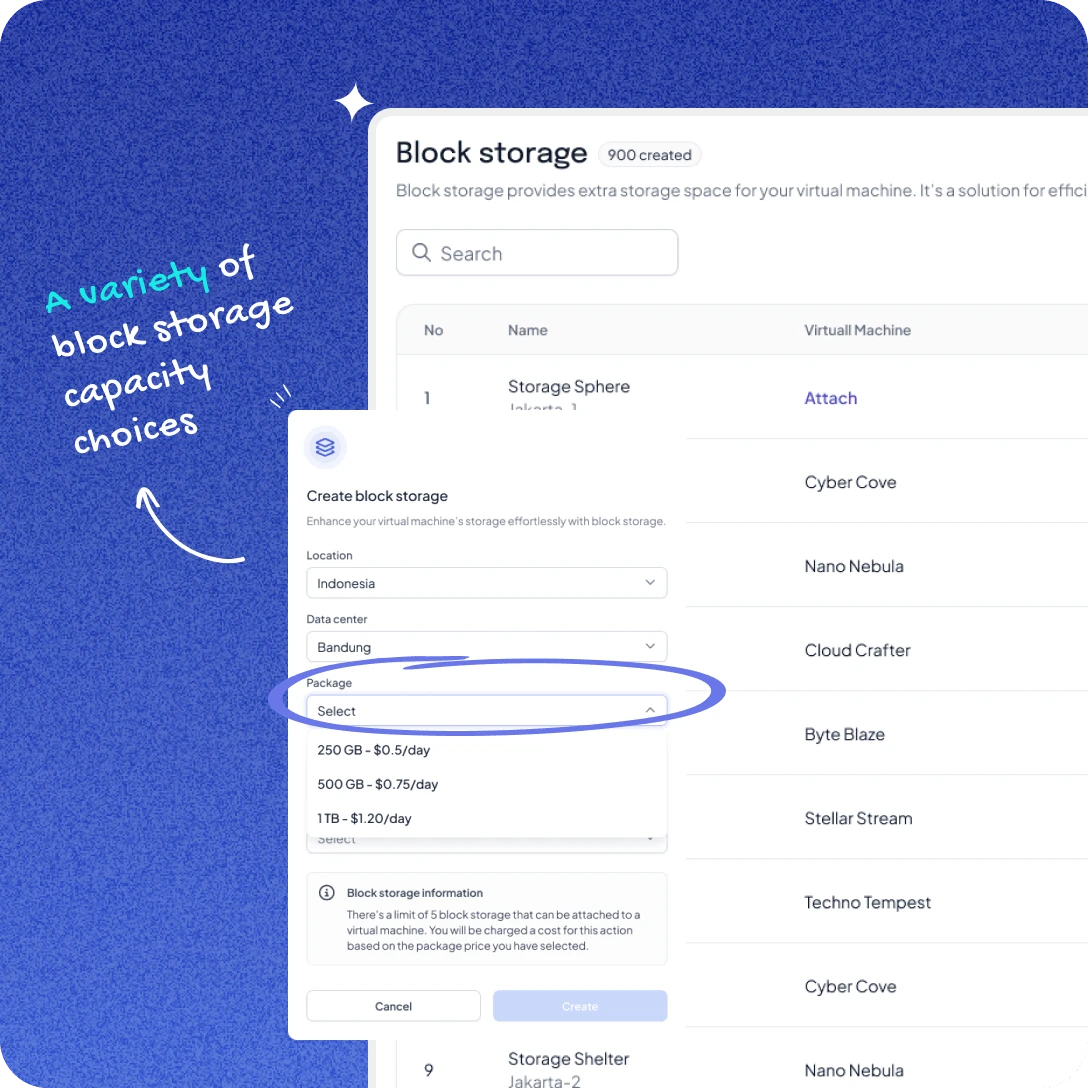 Mocaas Cloud UI Design - Variety of Block Storage Capacity